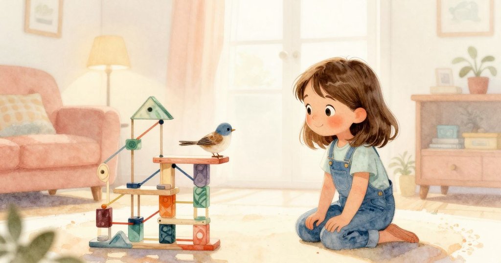 凱拉在溫暖客廳注視書架邊的麻雀與輕微顫動的大理石，情緒專注，開啟故事的初段發展。