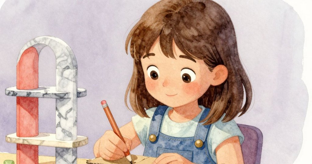 凱拉專注地用鉛筆調整紙板下的斜坡，臉上流露出擔憂與決心，工作角落充滿細節。