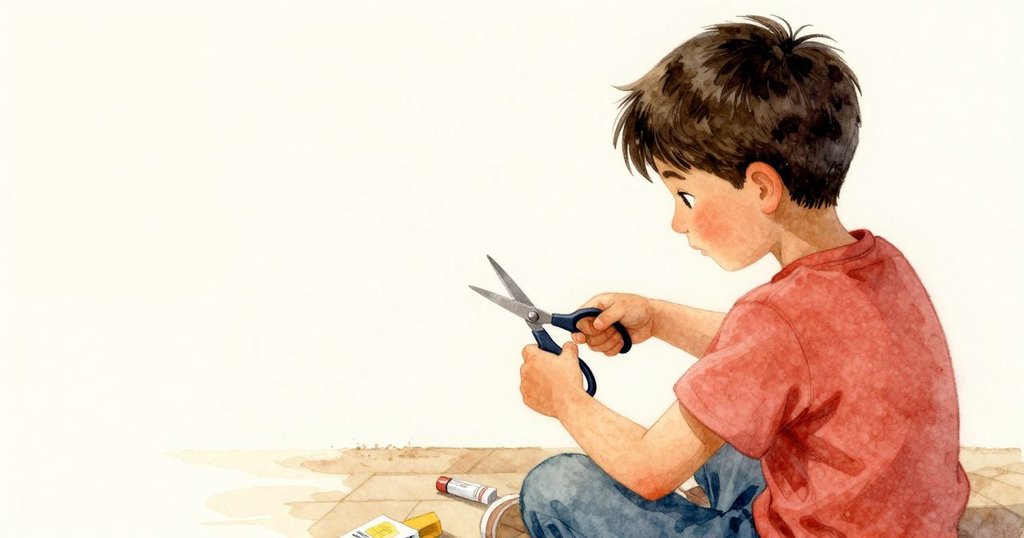 皮爾斯從背後視角專注地用剪刀修剪材料，溫暖燈光映襯下工藝細節豐富，營造出細膩工作氛圍。