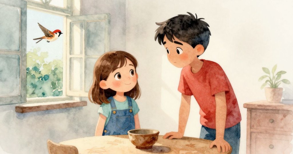 開窗處麻雀驚飛入涼爽黃昏，凱拉與皮爾斯在安靜場景中交換驚訝目光，故事進入室內外交替轉換。