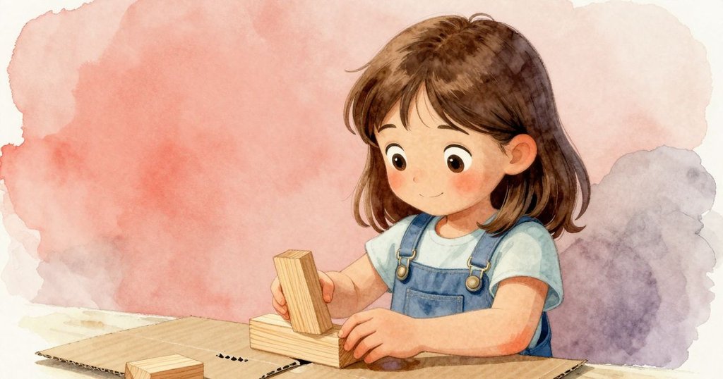 凱拉彎腰檢查脫落木塊，用摺疊紙板修補斜坡，神情專注而堅定，在充滿創意工作區中動作細膩。