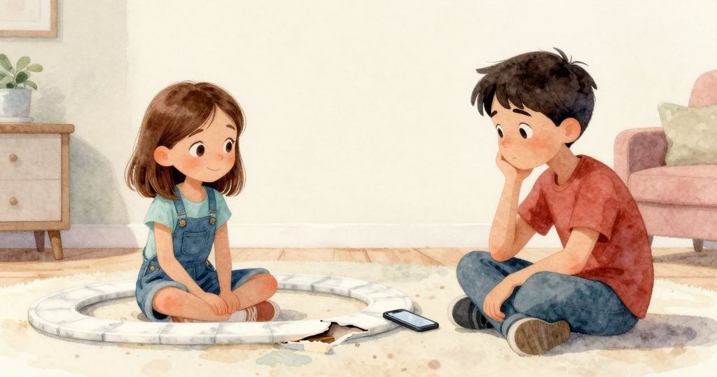 夜晚客廳中斜坡微彎，手機顯示早前精彩瞬間，凱拉與皮爾斯輕鬆交流，預示續篇冒險情節延展。