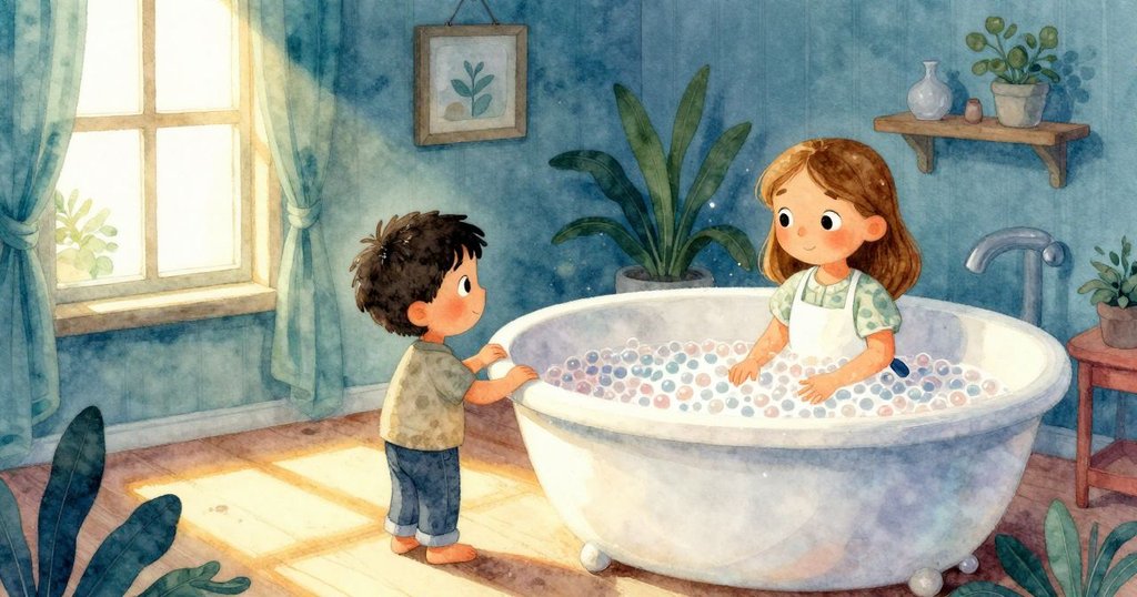 Owen在茶店內靜待珍珠浴中微光閃爍,溫暖光線灑入室內環境營造寧靜氛圍。