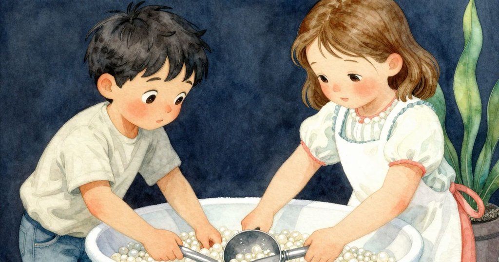 Owen雙手輕拿金屬勺子,細膩提起閃光珍珠,近距離展現凝露細節及手部動作專注情感。