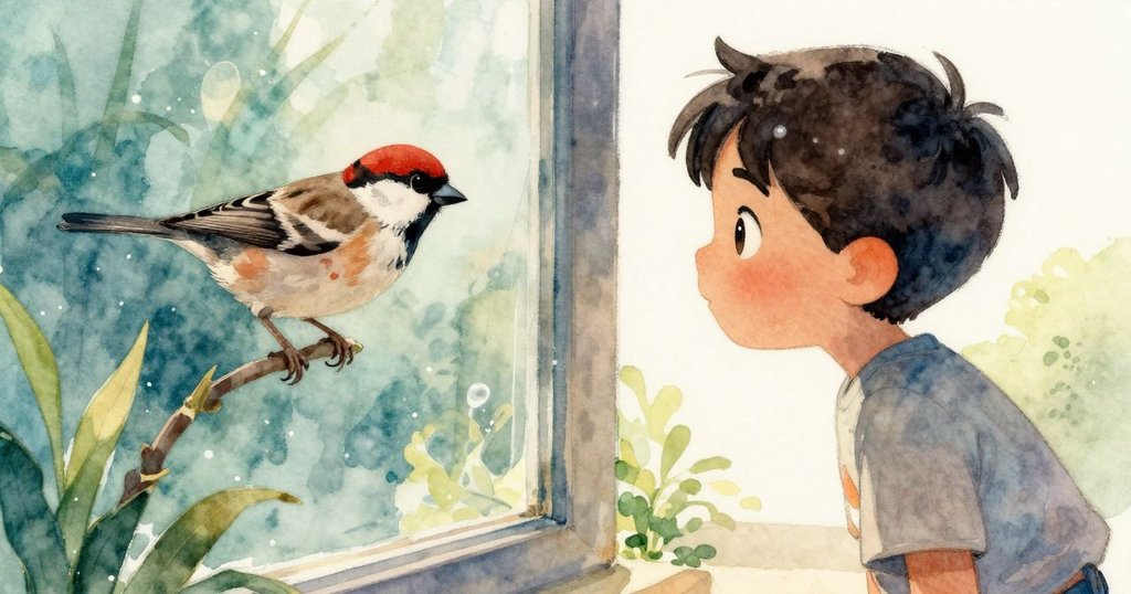 Owen從背後凝望玻璃上好奇麻雀啄食,溫暖光線中珍珠反射出奇妙光影,情感流露專注與驚喜。