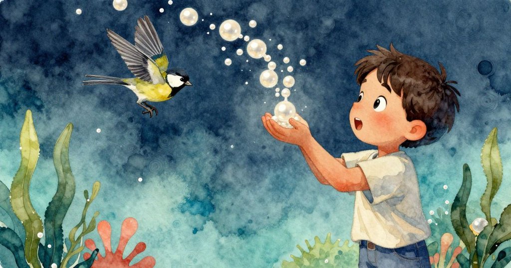 Owen手持勺子高舉停頓,面露驚訝與好奇,珍珠在斜光下旋轉閃光,旁邊麻雀急促啄打玻璃。