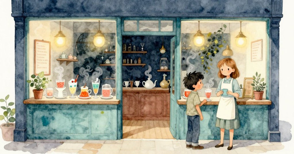 茶店全景呈現忙碌溫馨場景,Owen與Lyra整理飲品,蒸氣輕繞燈光下麻雀靜觀,營造出和諧結局。