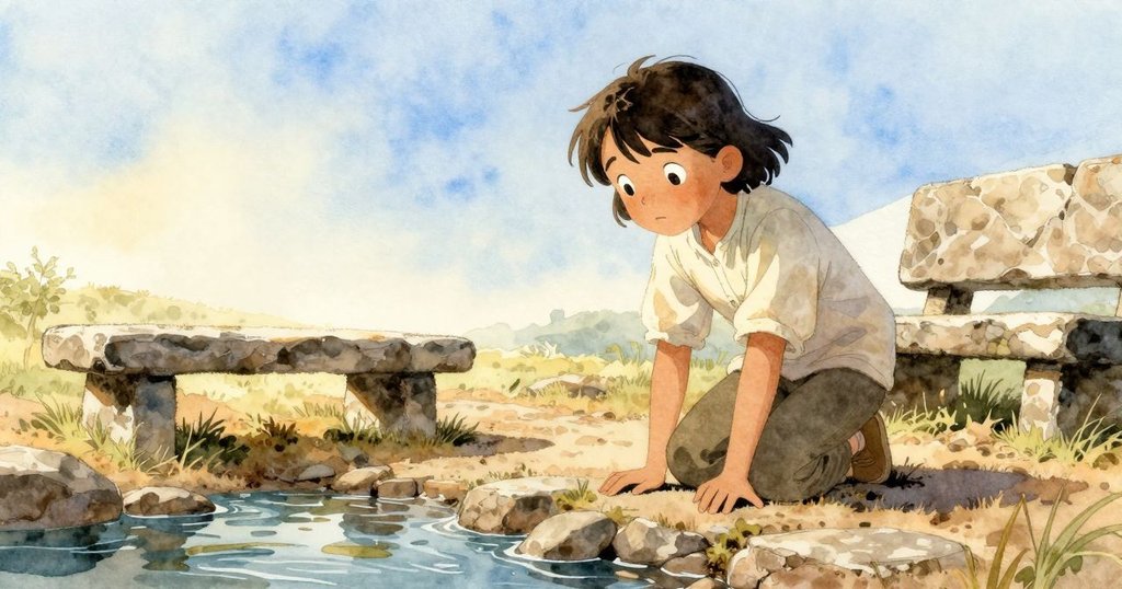 Hazel跪在溪邊石桌旁，手持放大鏡觀察水中沙，晨光映照下充滿探索與好奇之情。