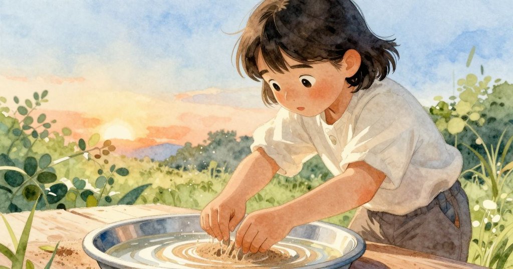 Hazel小心將水盆蘸入冷水中，手部細心攪動沙礫，臉上展現出專注與探究的神情。