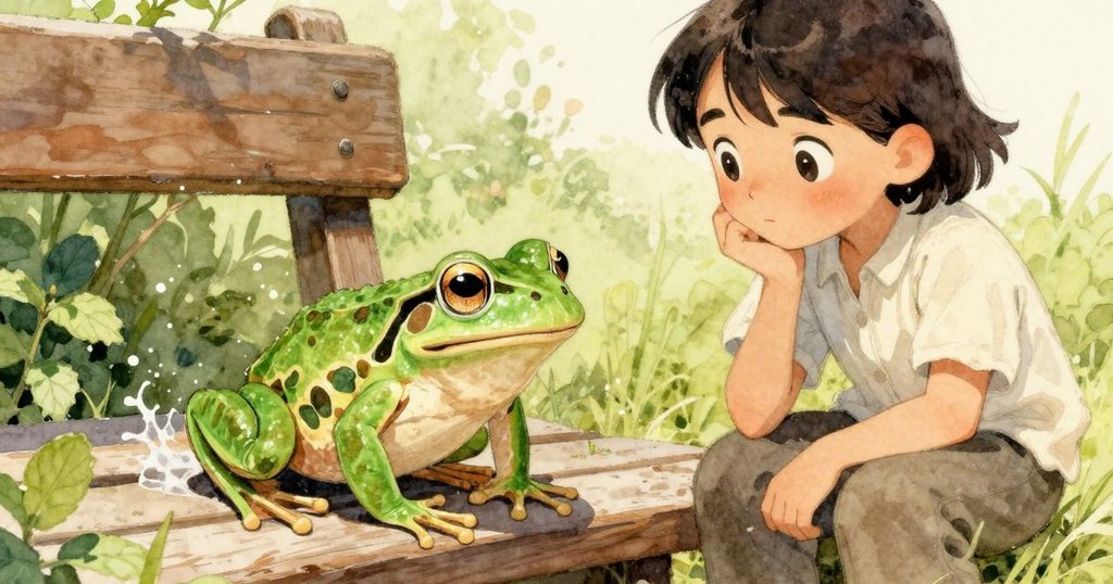 綠蛙跳上桌邊水槽引起水花，Hazel驚訝地注視著突如其來的動作，場景生動充滿驚喜。