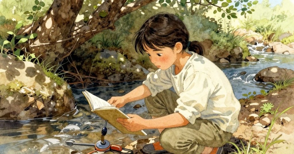 Hazel在溪邊綠蔭處重新調整工具，柔和光影下專注於操作，背景展現出大自然的靜謐美。