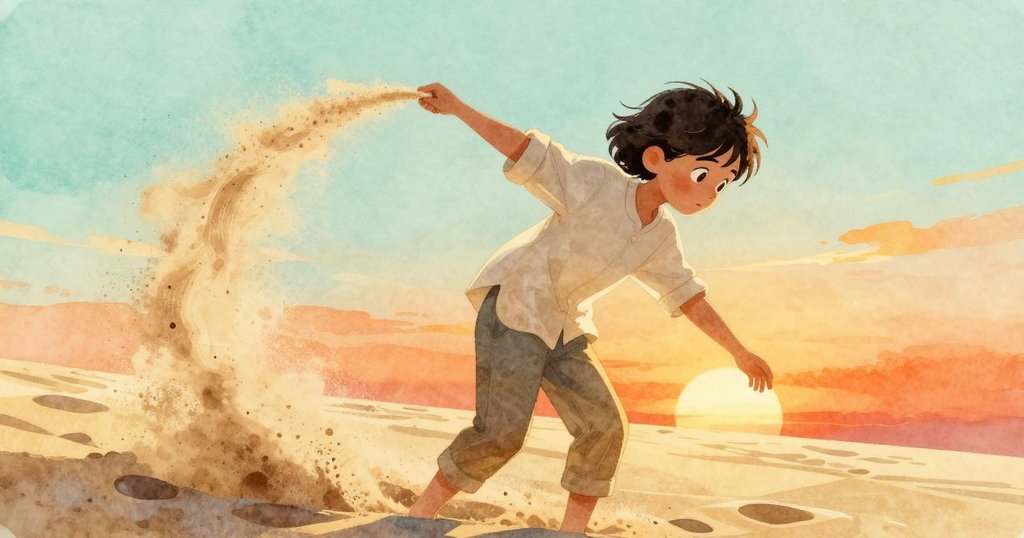 Hazel輕輕傾斜水盆，沙粒形成動態軌跡，溫暖光線下展現時間流轉與變化的美好感受。