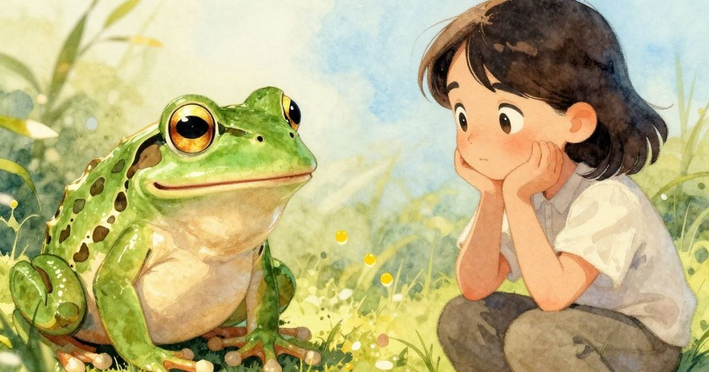 水盆內僅剩三顆溫暖黃色粒子，Hazel滿足微笑，綠蛙靜靜守望，詮釋堅持與發現的美好瞬間。