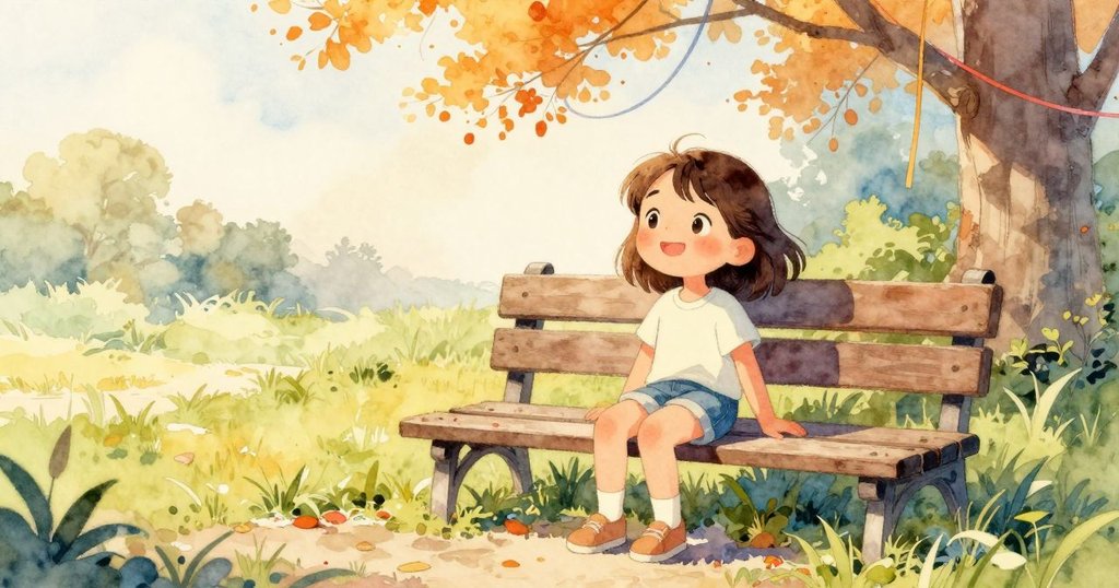 Joy坐在公園長椅上,靜靜觀察懸掛彩色線結與紙卡,周圍青草鮮綠,心情平靜展開故事序幕