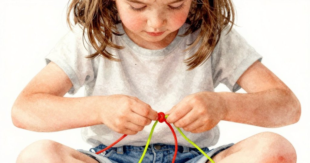 Joy專注雙手編織,焰紅與萊姆色線條交錯成結,細節豐富展現創作初步進展