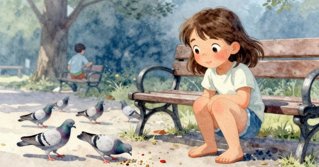 從低角度觀察,鴿子在長椅下啄食碎屑,Joy背後忙碌編結線結,貫穿生動自然情境