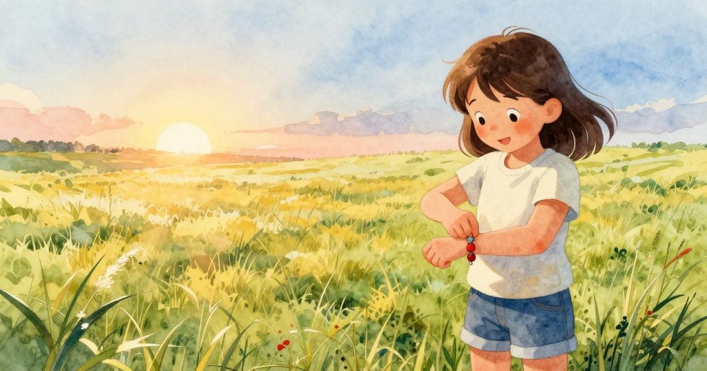 Joy滿意微笑欣賞完成手鐲,手輕拂過細緻花紋,背景長椅縮小成炭色痕跡,寓意創作圓滿結局