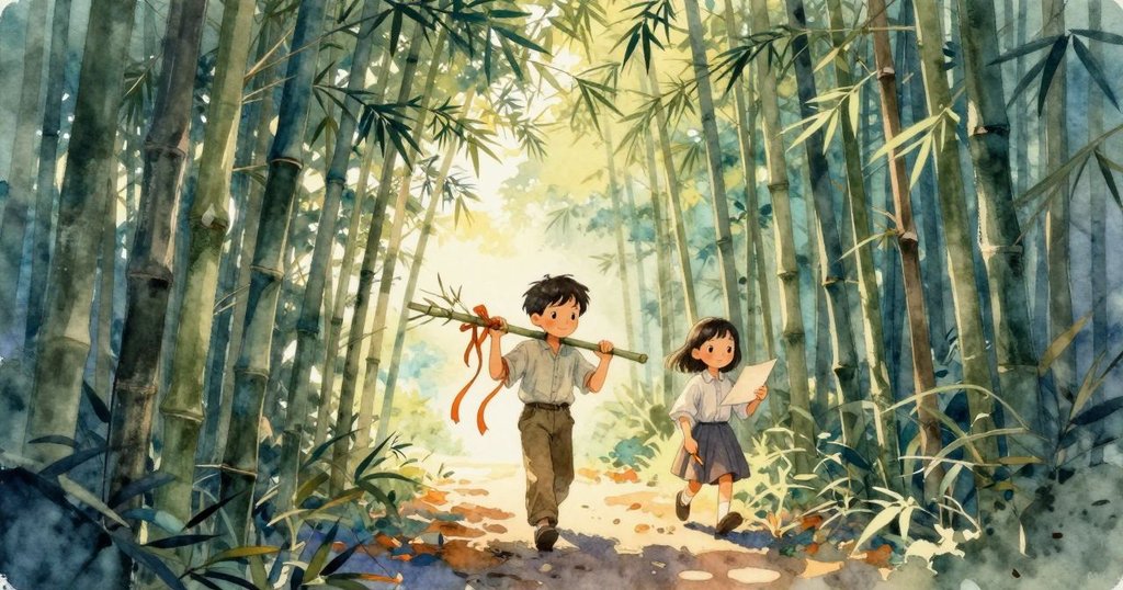 Troy和Ruby穿越竹林入口，手拿橙絲帶，臉上帶著期待與喜悅，背景為光影交錯的高竹與自然氣息。