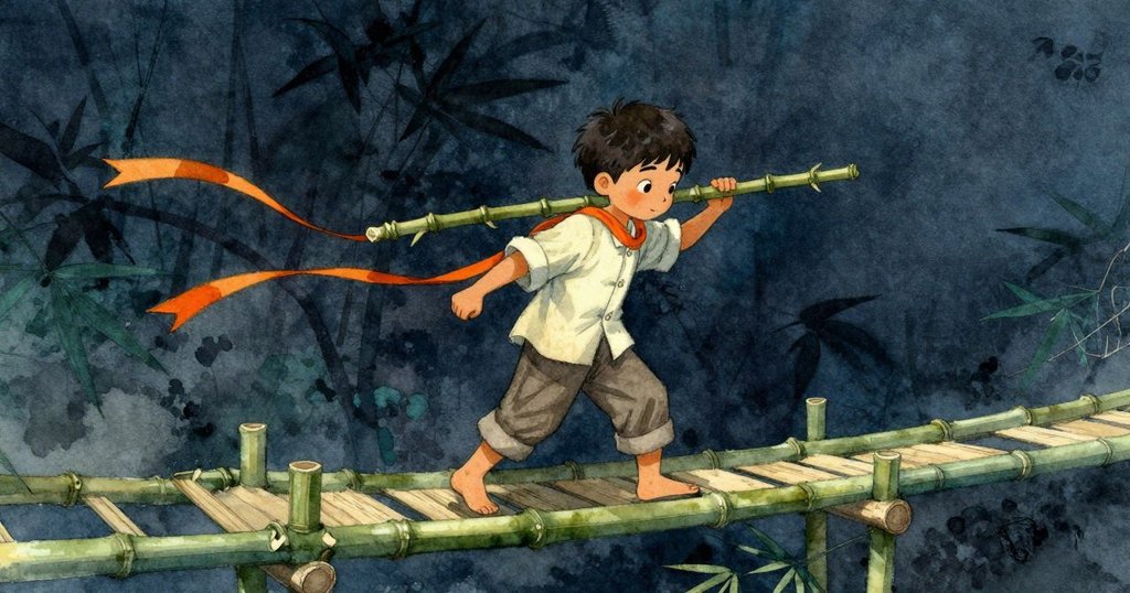 Troy在倒塌竹橋上小心行走，腳步穩健，橙絲帶隨風飄舞，環境充滿竹林獨特的質感和溫柔光影。