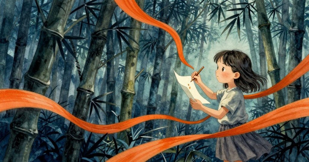 Ruby在扭曲視角中記錄竹韻，手中的筆正寫在筆記本上，竹影與橙絲帶交錯，神情專注且充滿奇幻感。