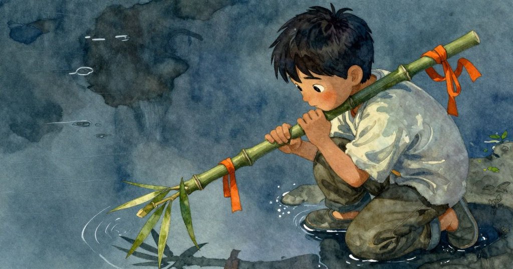 Troy蹲在竹林邊的水坑旁，認真用竹枝穩住搖晃的竹子，水面映出柔和光影與橙絲帶，神情沉穩。