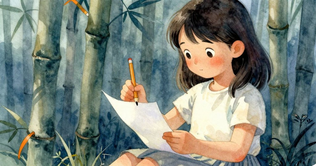 Ruby手握鉛筆在筆記本上猶豫，橙絲帶靜待貼上，背景隱約見竹影，臉上流露出猶豫與決心。