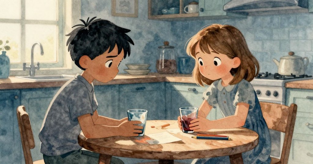 莫里茨與阿爾瑪在廚房桌前操作玻璃器物，紙筆散落，柔和日光映照下充滿期待與好奇。