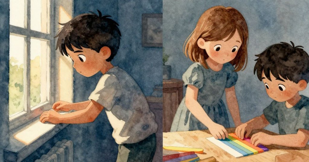 阿爾瑪在窗邊觀察色彩變化，莫里茨在桌前仔細測量玻璃中的顏色，共同呈現探索情景。