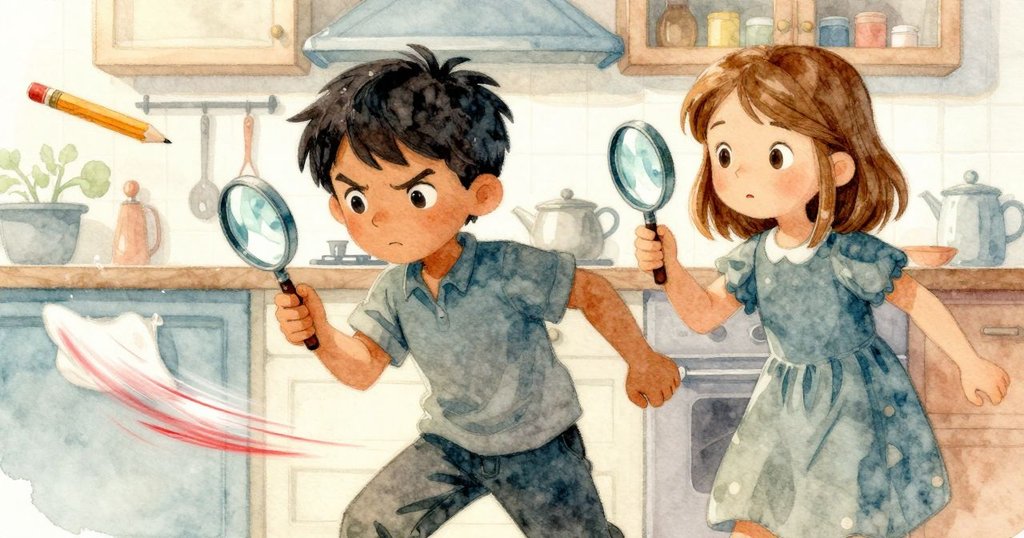 桌上筆尖滾動、放大鏡被撞，紅水條沿著桌巾滑動，營造出充滿動感的瞬間。