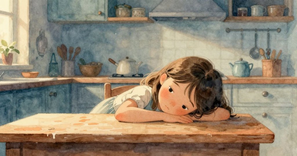 阿爾瑪在實驗後靜靜休憩，廚房內充滿午後柔光，場景溫馨平和，心情安定。