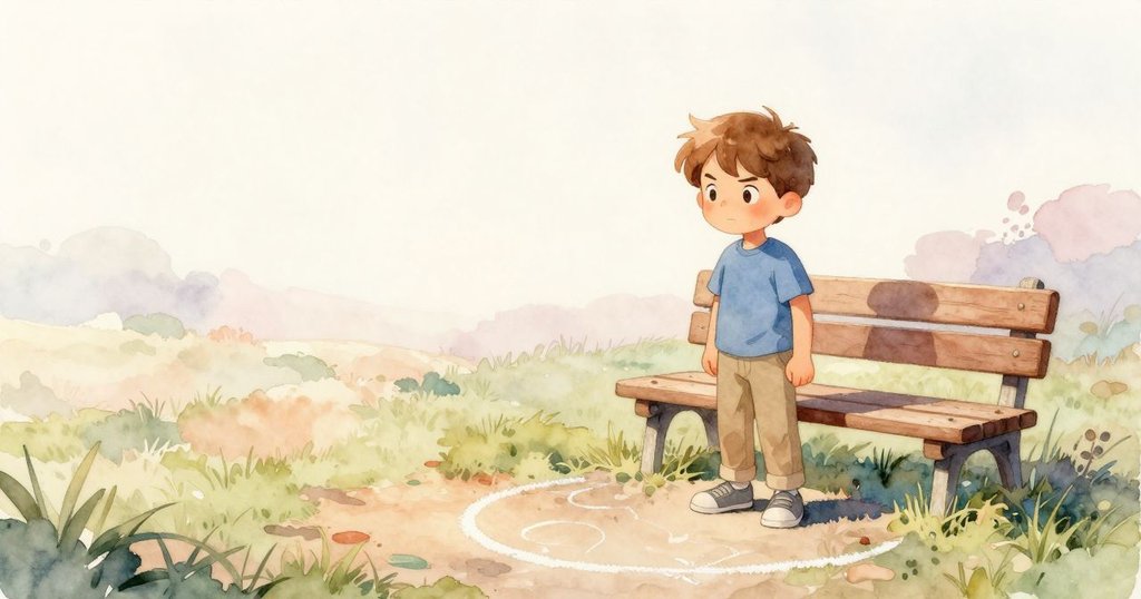 Amos站在戶外長椅旁，注視著地上粉筆圈，臉上流露沉思神情，草地與晨光營造出故事開始的氛圍