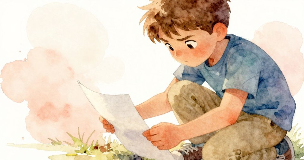 Amos特寫眼神專注，手中輕握整齊紙張，溫暖光線下展現認真情感，營造精心創作的瞬間