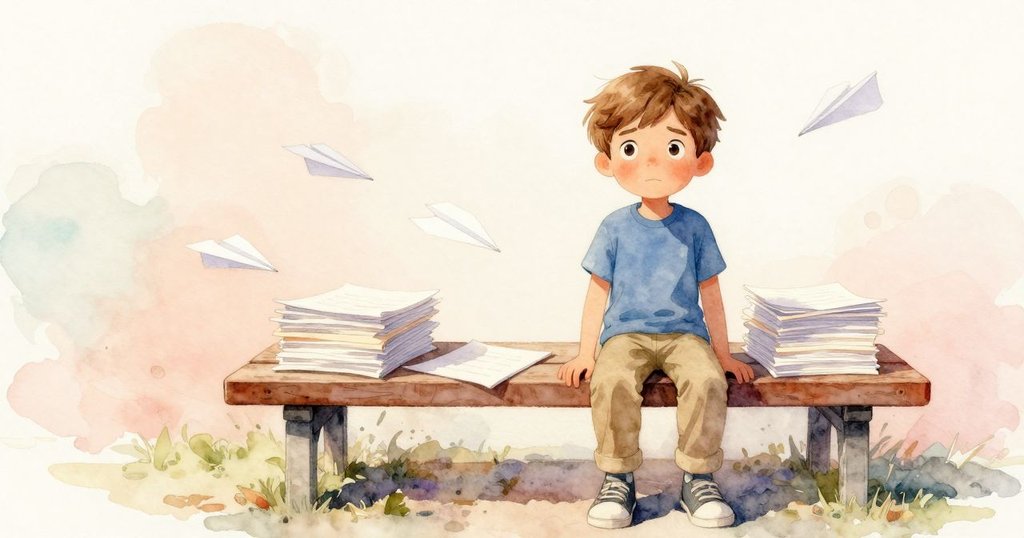 Amos回憶起早晨滿滿紙張在長椅上的情景，柔和色調融合現實與記憶，營造出懷舊沉思的氛圍