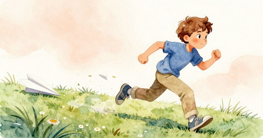 Amos在露水草地上急奔追趕摺角紙飛機，勢頭充滿急切與希望，動態背景展現活力與晨光