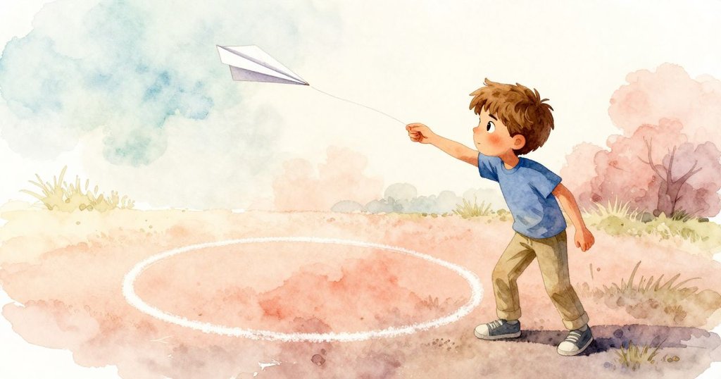 Amos在柔和午後光線下靜靜注視紙飛機優雅降落於粉筆圈內，透露出平靜與感慨，背景草地營造收尾意境