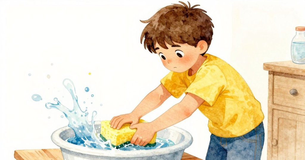 艾米爾用巨大黃色海綿擠壓洗盆,水花四濺澆向塑料椅,神情專注,室內清潔初現動感情節