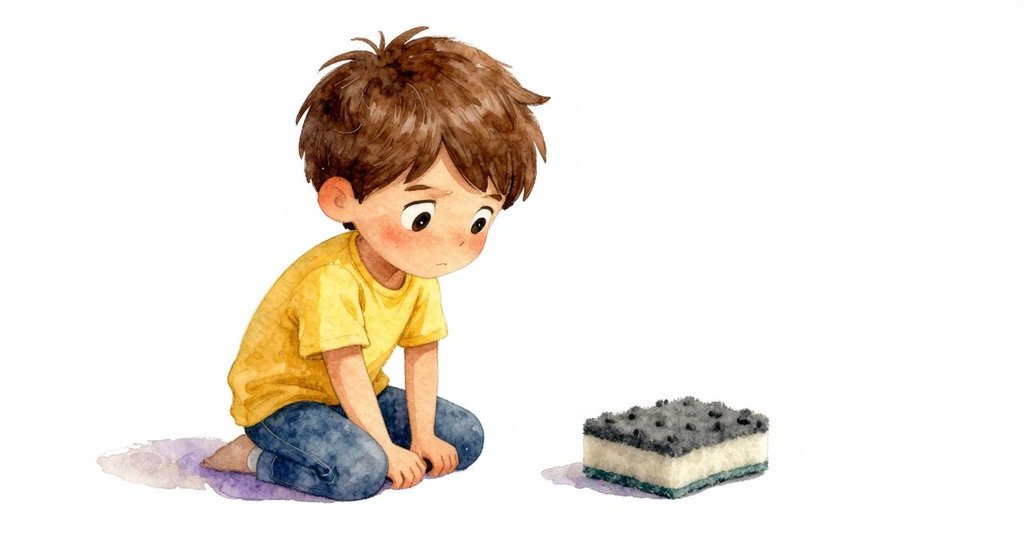 獨自躺置的灰色海綿孤單地置於濕潤桌面上,象徵清潔過程中的隱藏難題,細節清晰