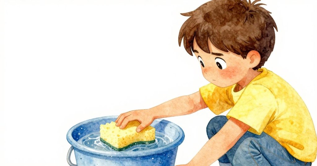 艾米爾背影聚焦於雜亂洗水桶,伸手取更密實的小海綿,神情專注,細緻呈現清潔轉折