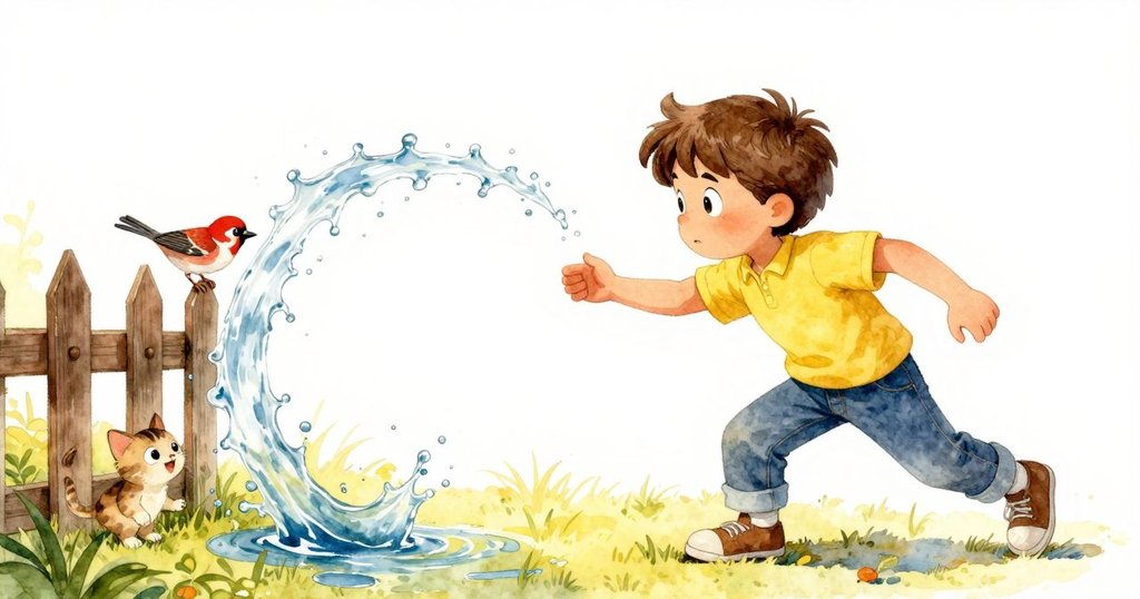 水花飛濺擊中柵欄上棲息的麻雀,牠驚慌展翅,小貓被驚醒推倒海綿,動作生動情節轉折