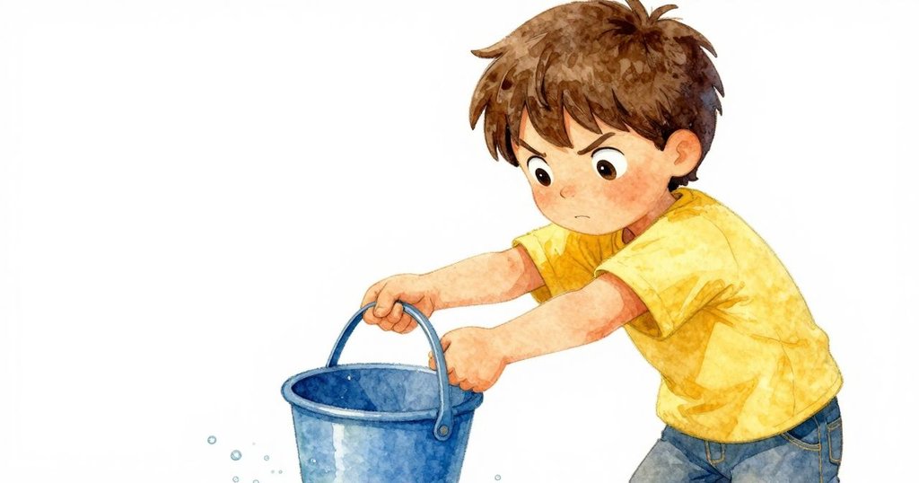 艾米爾緊急攔住傾瀉的水桶,臉上流露決心與憂慮,手勢果斷,室內動作情感強烈