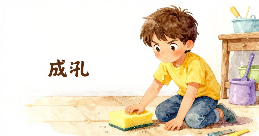 艾米爾將沉重黃色海綿輕放水槽邊,水珠沿著滑落,整個清潔區域恢復寧靜,場景圓滿落幕