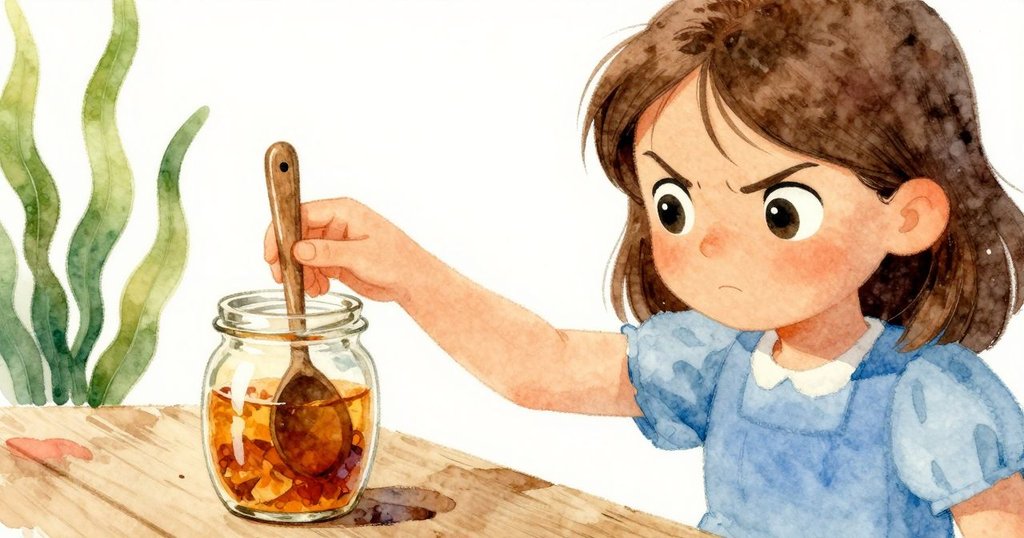 Ilsa細心觸碰琥珀色肉豆蔻罐,輕觸雕刻斑駁木板和木匙,細節呈現溫暖歷史感