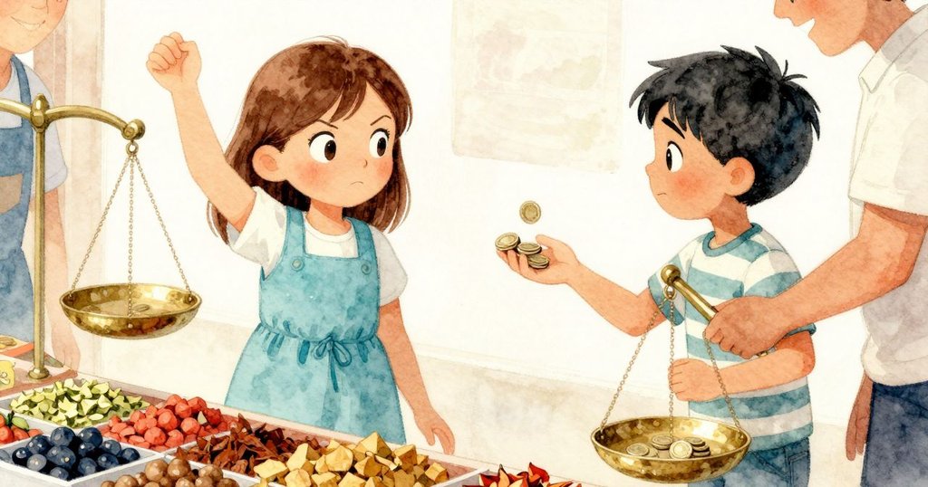 Ilsa與攤販溫馨交易,Keane側立持硬幣,銅色秤盤在曬陽下發亮,交易成功令人喜悅