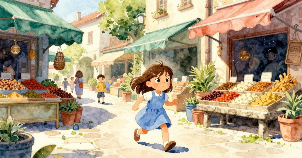 Ilsa滿懷喜悅走出市場,袋中安全存放肉豆蔻,色彩鮮明棚簾與石凳映襯著金色陽光街道