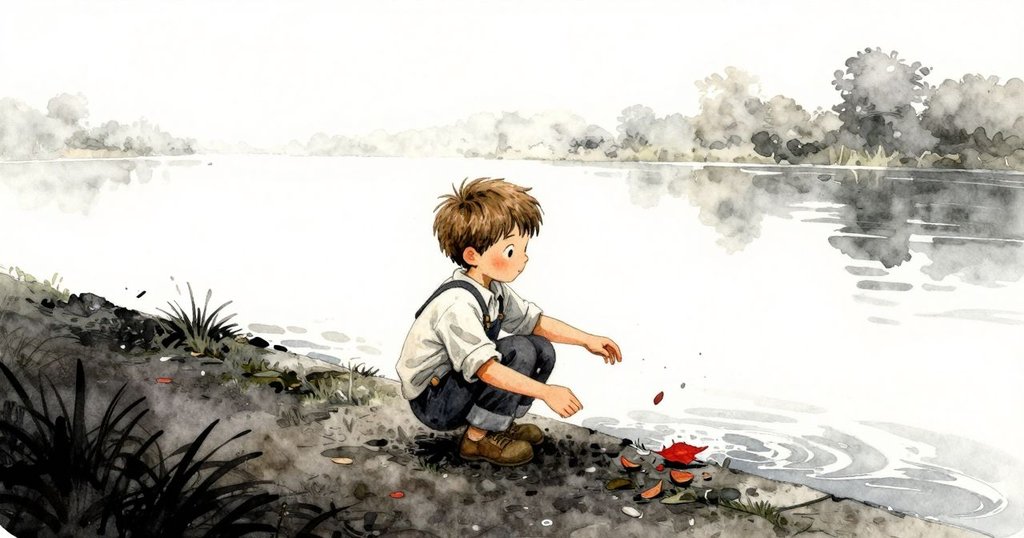 裘德蹲在運河旁的小徑上輕拋樹葉，背景寬廣空曠，神情專注且充滿玩味