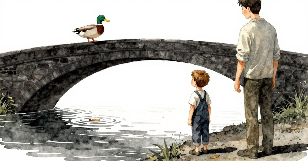 一隻野鴨從低角度觀察運河上的漂浮樹葉，背景帶有古老橋拱與平靜水面，流露出寧靜好奇