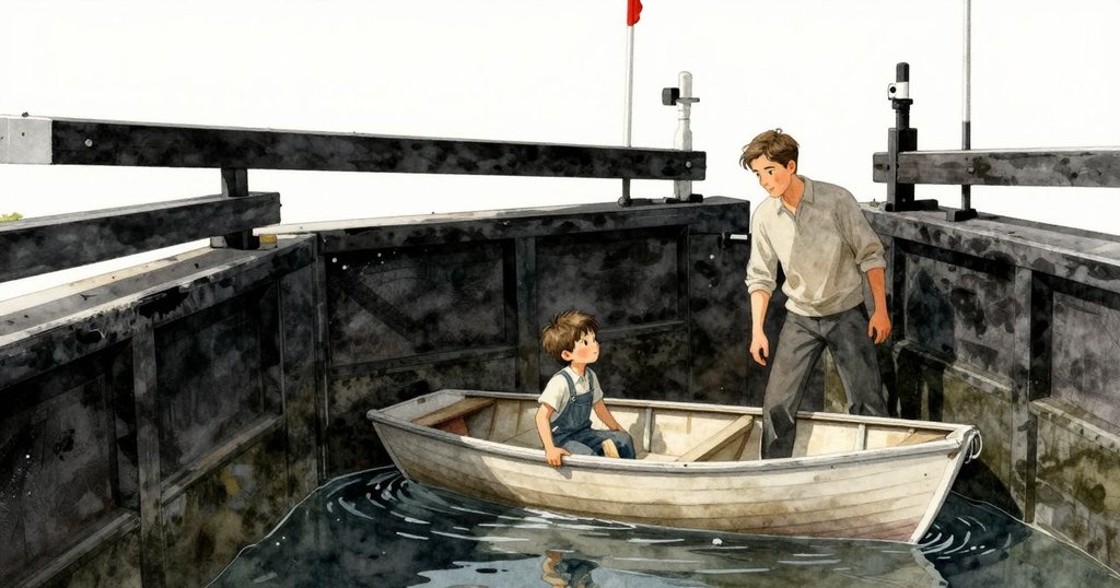 船隻在閘室內不均傾斜，透過扭曲空間呈現超現實幾何，水線與漂浮碎片營造神秘氛圍