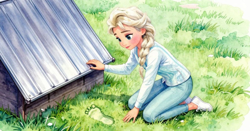 Elsa在庭院中仔細檢查腳印與反光棚屋, 神情專注, 庭院明亮展現探索發展的關鍵時刻