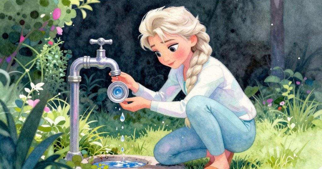 Elsa蹲在花園水龍頭旁, 伸手仔細觀察閃亮的金屬墊圈, 附近草藥叢營造溫馨場景