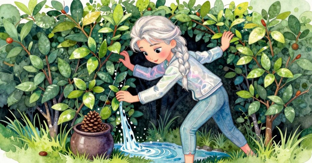 Elsa推開濃密樹籬, 揭示隱藏縫隙, 水流帶動松果輕觸花盆, 神情中流露出探索與好奇